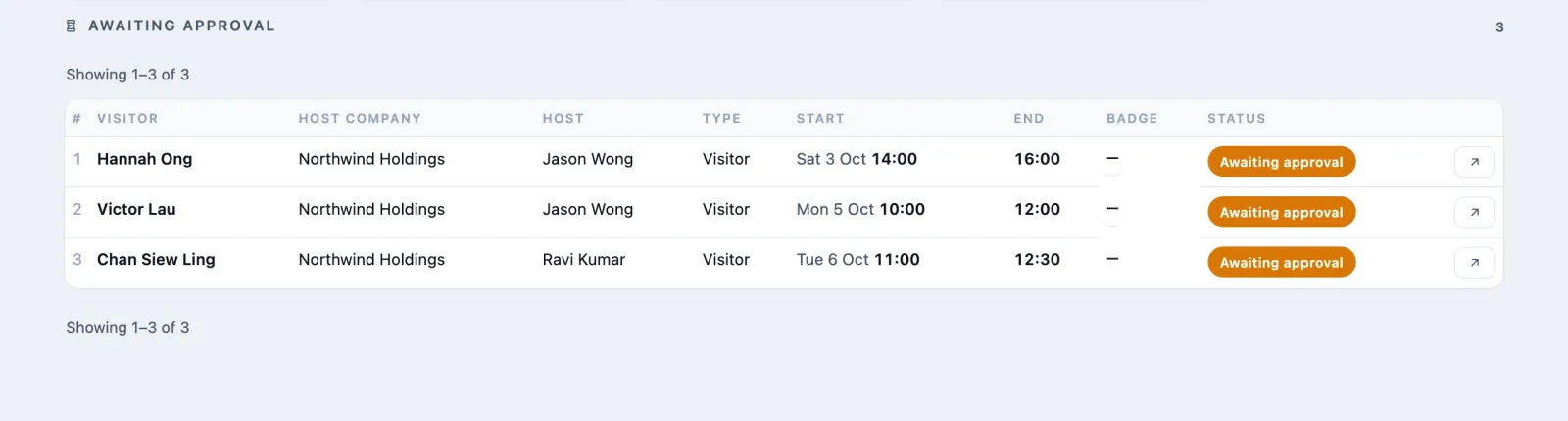 Hafiz Ismail's Awaiting approval view: the same three visits listed with host company, host, type, start, end and the orange Awaiting approval status, and no approve or deny buttons.