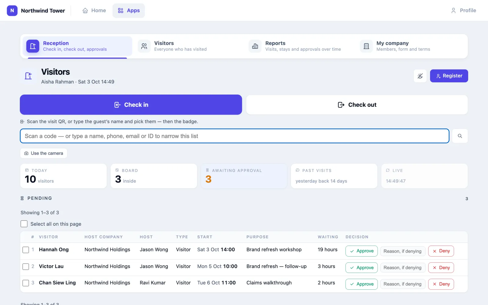 Aisha Rahman's Awaiting approval view: the Pending list with Hannah Ong (Sat 3 Oct 14:00, brand refresh workshop, waiting 19 hours), Victor Lau (Mon 5 Oct 10:00) and Chan Siew Ling (Tue 6 Oct 11:00), each with Approve, a reason box and Deny, and Select all on this page above.
