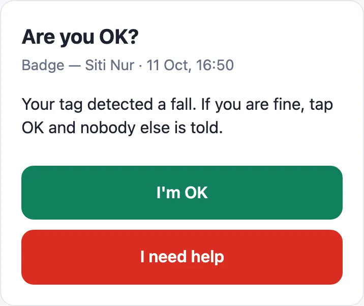 A phone page: Are you OK? Badge — Siti Nur, 11 Oct. Your tag detected a fall. If you are fine, tap OK and nobody else is told. A green I'm OK button and a red I need help button.