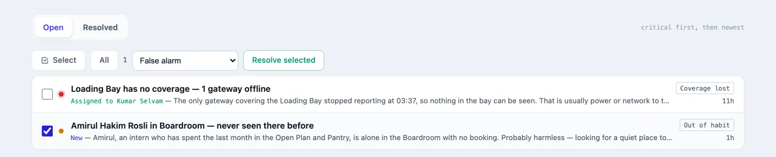 The Open list in select mode: Select, All, 1 selected, the outcome False alarm and Resolve selected; the Boardroom incident ticked.