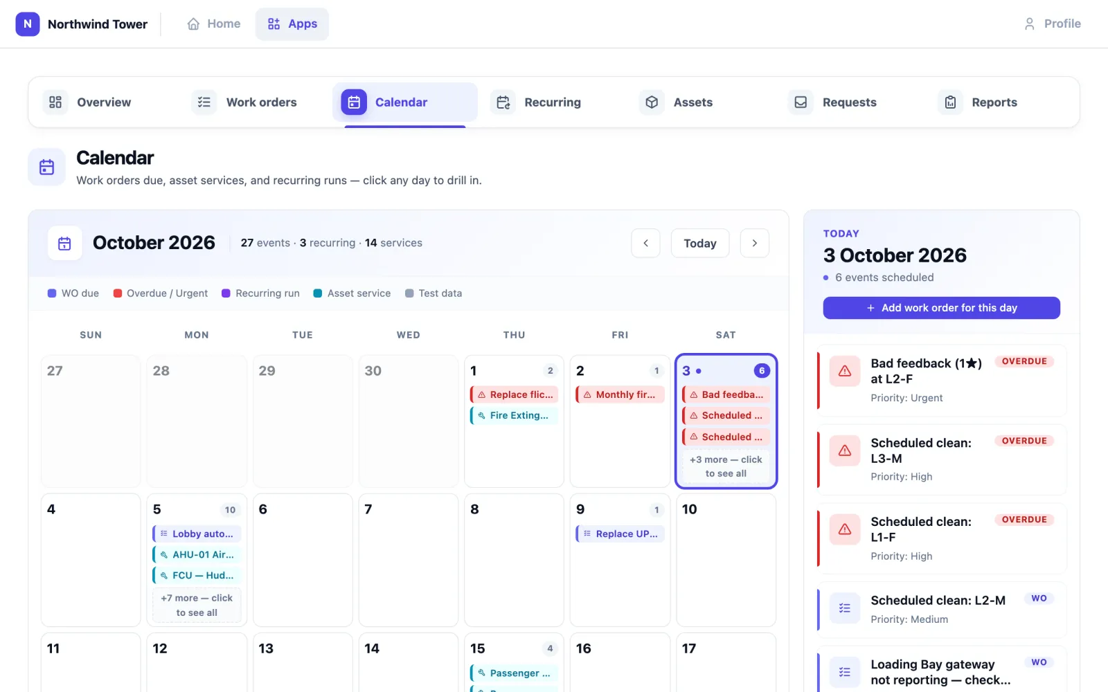 The October calendar with jobs and asset services on each day, and a Today panel listing four events with an Add work order for this day button.