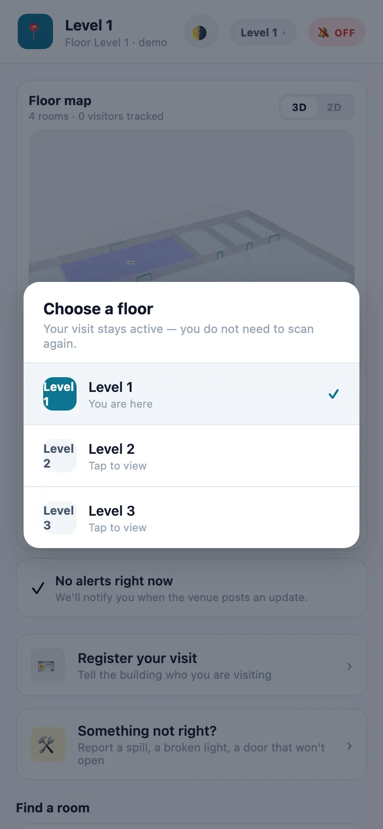 The Choose a floor sheet over Level 1: 'Your visit stays active — you do not need to scan again.' Level 1 marked You are here with a tick, and Level 2 and Level 3, each Tap to view.