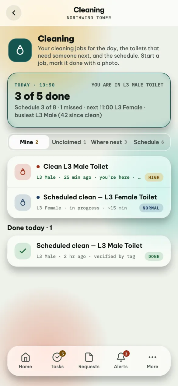 The Cleaning app: 3 of 5 done, the schedule summary, the cleaner's location, and two jobs under Mine with one done today.
