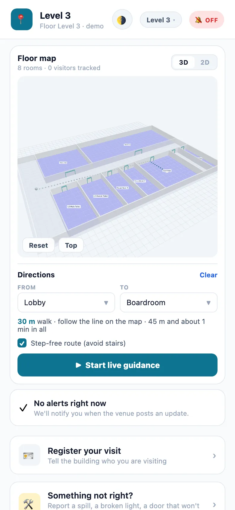 Level 3 in 3-D with the route drawn from the stairs along the corridor to the Boardroom; Directions says '30 m walk · follow the line on the map · 45 m and about 1 min in all', with Step-free route ticked and Start live guidance.