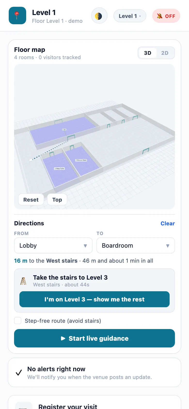 The visitor app on a phone at Northwind Tower, Level 1: the floor map in 3-D with the lobby and the two toilets drawn and a dotted route from the lobby to the stairs; under Directions, From Lobby, To Boardroom, '16 m to the West stairs · 46 m and about 1 min in all', a card saying Take the stairs to Level 3 with a button 'I'm on Level 3 — show me the rest', and Start live guidance.