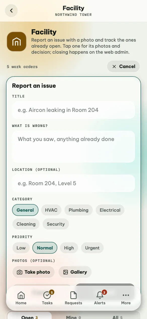 The Report an issue form: title, what is wrong, location, category, priority and photos.