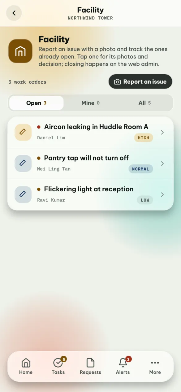 The Facility app: Report an issue button, then Open, Mine and All, and three open requests with their priority.
