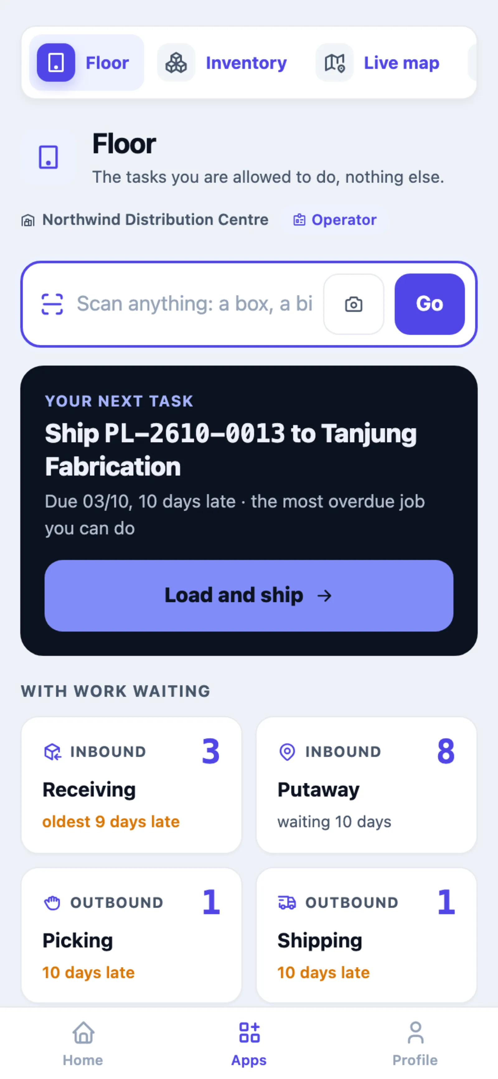 The same Floor on a phone: the scan box at the top, the next-task card and the task tiles one under another.