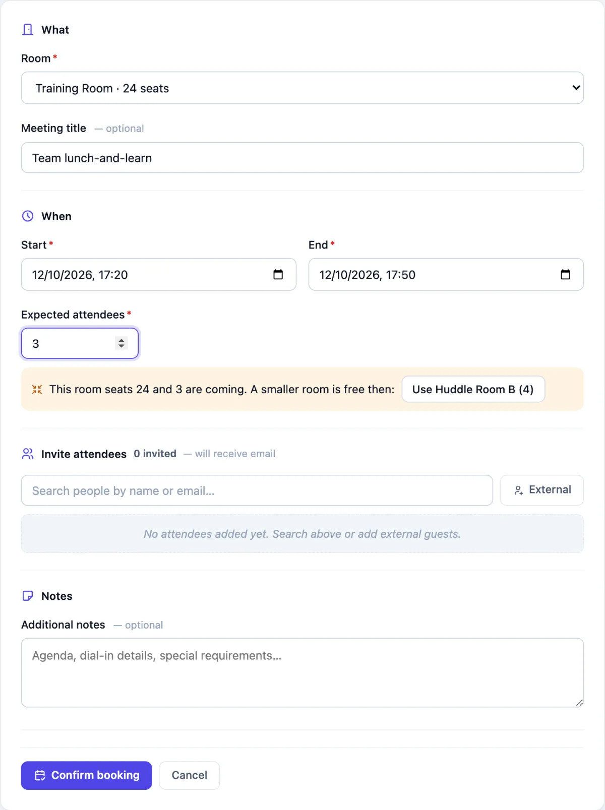 The booking form with Training Room, 24 seats selected, title Team lunch-and-learn, and 3 expected attendees. Under the attendees field: This room seats 24 and 3 are coming. A smaller room is free then: Use Huddle Room B (4).
