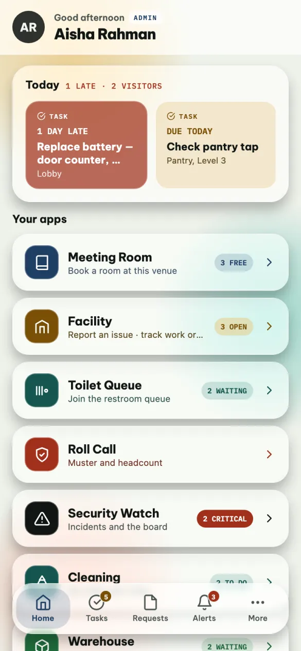 The Home screen: a greeting, the Today card with a late task and a task due today, and the list of apps with their counts.