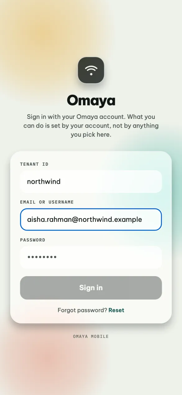 The sign-in screen with three fields: Tenant ID, Email or username, and Password, and a Sign in button.