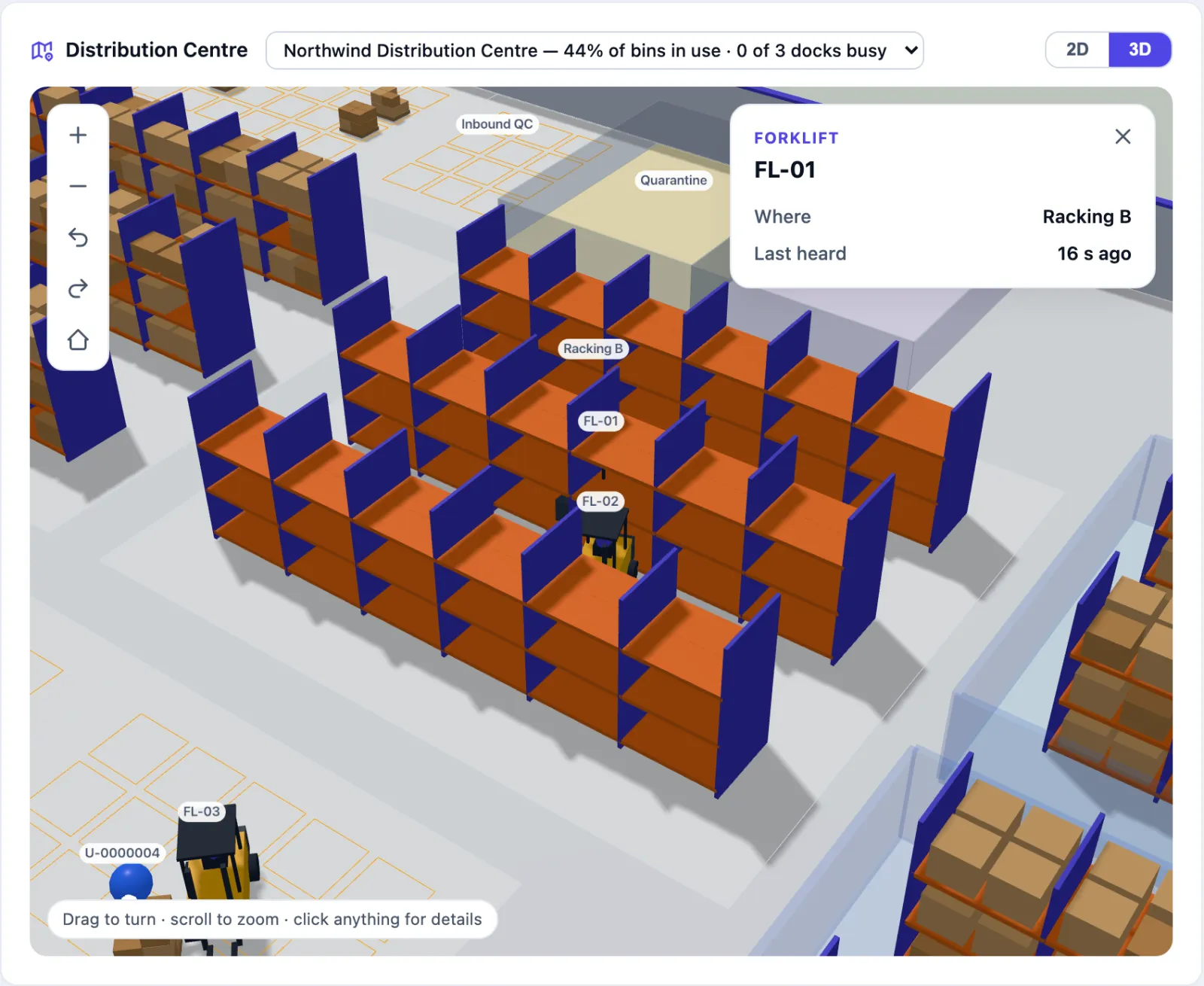 The 3D view zoomed in on Racking B after clicking forklift FL-01: the rack rows, their shelves empty because none of Racking B's bins hold stock; forklifts FL-01 and FL-02 between the rows, FL-03 and pallet U-0000004 in the staging squares at the bottom left, each with a small label; Inbound QC and Quarantine behind. The card at the top right says Forklift, FL-01, Where: Racking B, Last heard: 16 s ago.
