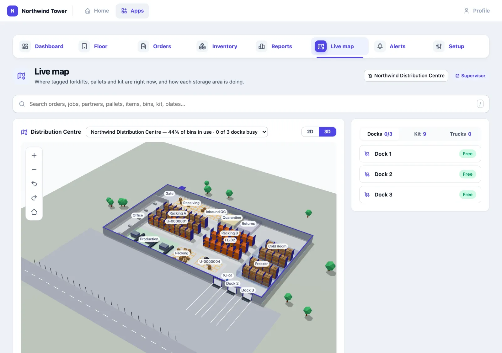 Live map at Northwind Distribution Centre in 3D: a search box across the top; the floor drawn as a building seen from above at an angle, with Racking A and B full of cartons, the Cold Room and Freezer behind glass, Receiving, Inbound QC, Quarantine, Returns, Production, Packing and the Office, three dock doors with bay lines in the yard outside and a road beyond; tagged pallets and forklift FL-01 labelled in Staging. The header reads Distribution Centre, 44% of bins in use, 0 of 3 docks busy. On the right, tabs Docks 0/3, Kit 9 and Trucks 1, with Dock 1, 2 and 3 all free.
