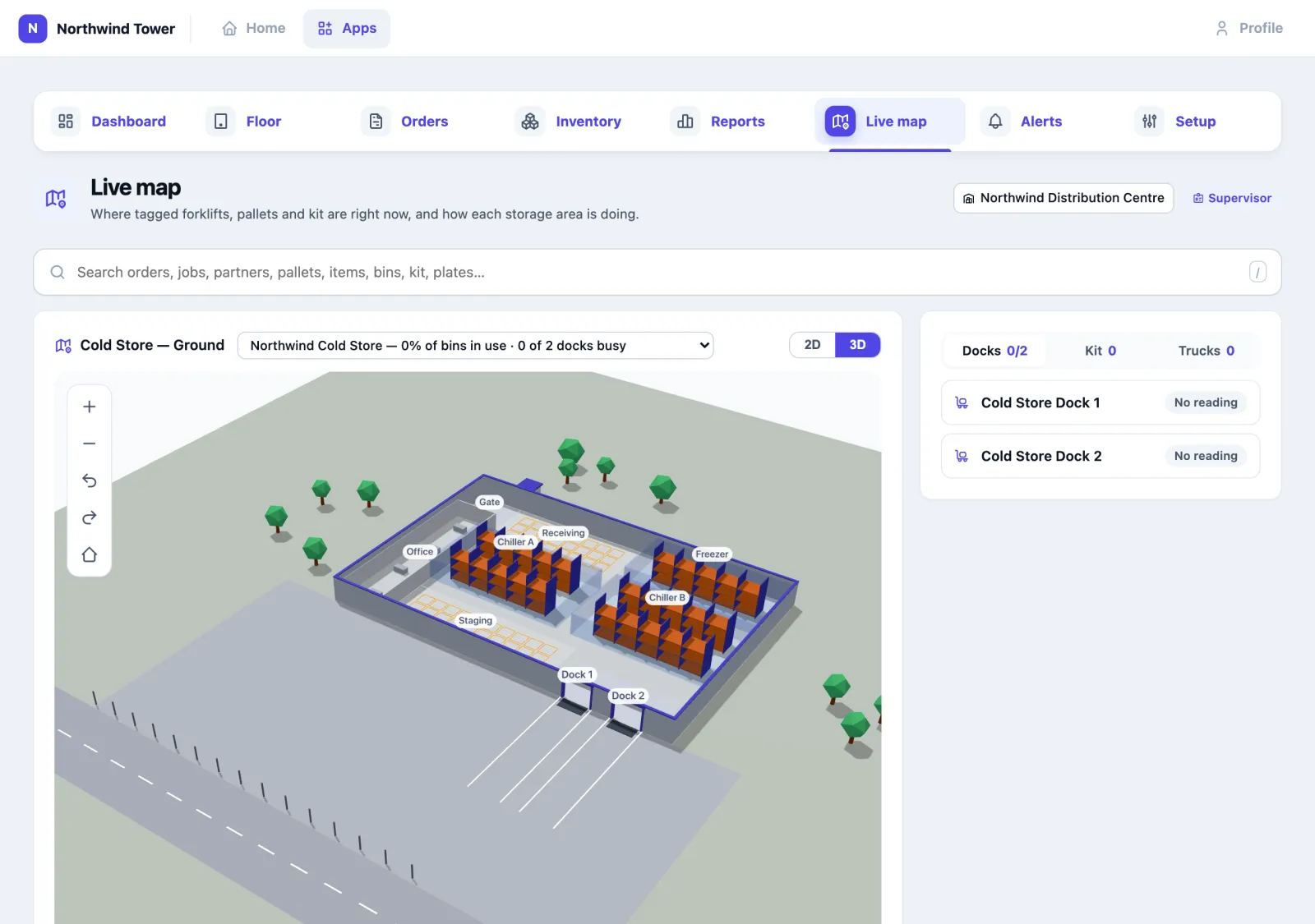 Live map on the second site, Northwind Cold Store, Cold Store — Ground, in 3D: the list now reads Northwind Cold Store — 0% of bins in use, 0 of 2 docks busy; the building with Receiving, a Freezer, Chiller A and Chiller B with empty racks, Staging with empty pallet squares, the Office and two dock doors; the Docks tab shows Cold Store Dock 1 and Cold Store Dock 2, each No reading.