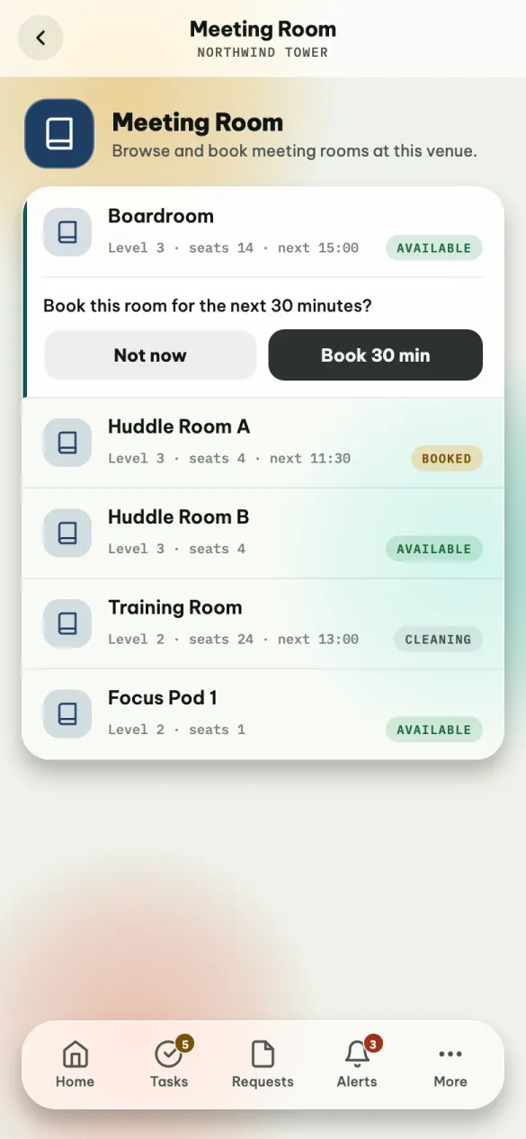 The Boardroom tapped: Book this room for the next 30 minutes? with Not now and Book 30 min.