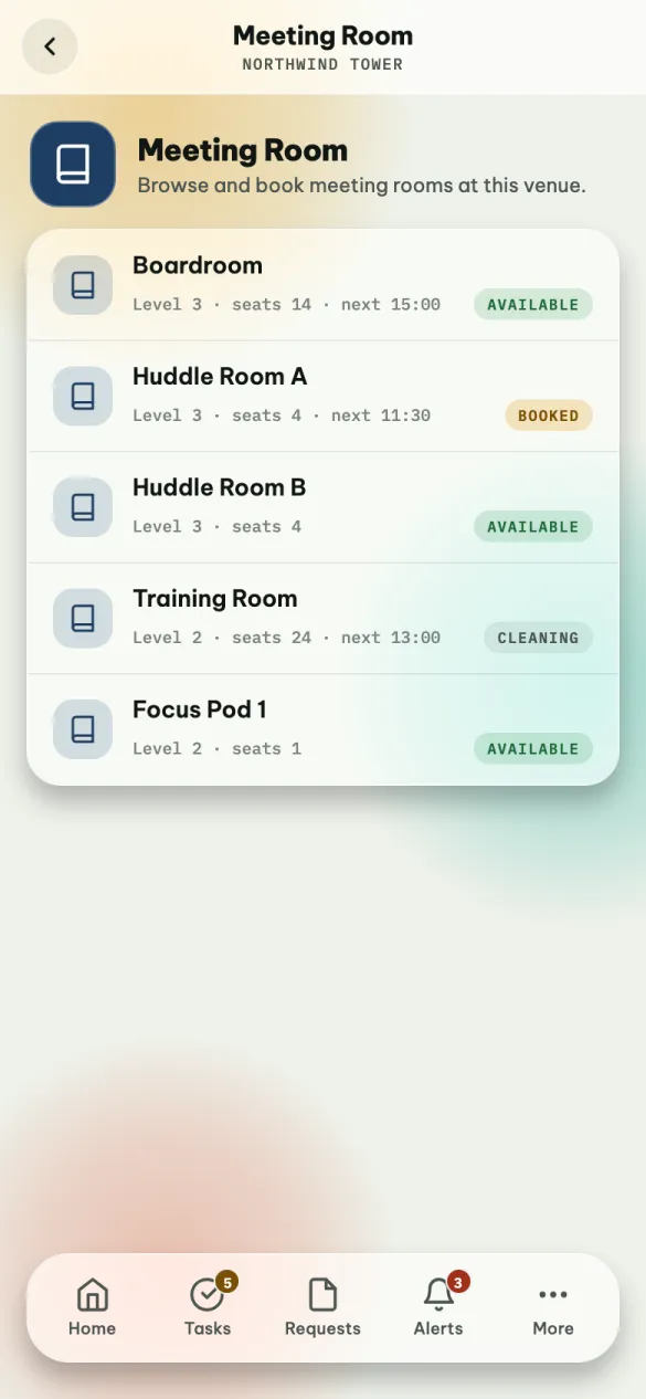 The Meeting Room app: five rooms with their level, seats and next booking, each marked Available, Booked or Cleaning.