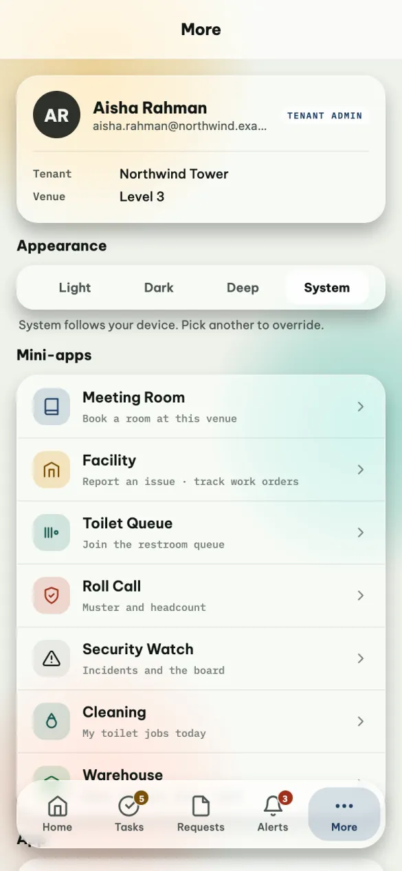 The More tab: name, email and role, organisation and venue, the Appearance choice, and the list of mini-apps.