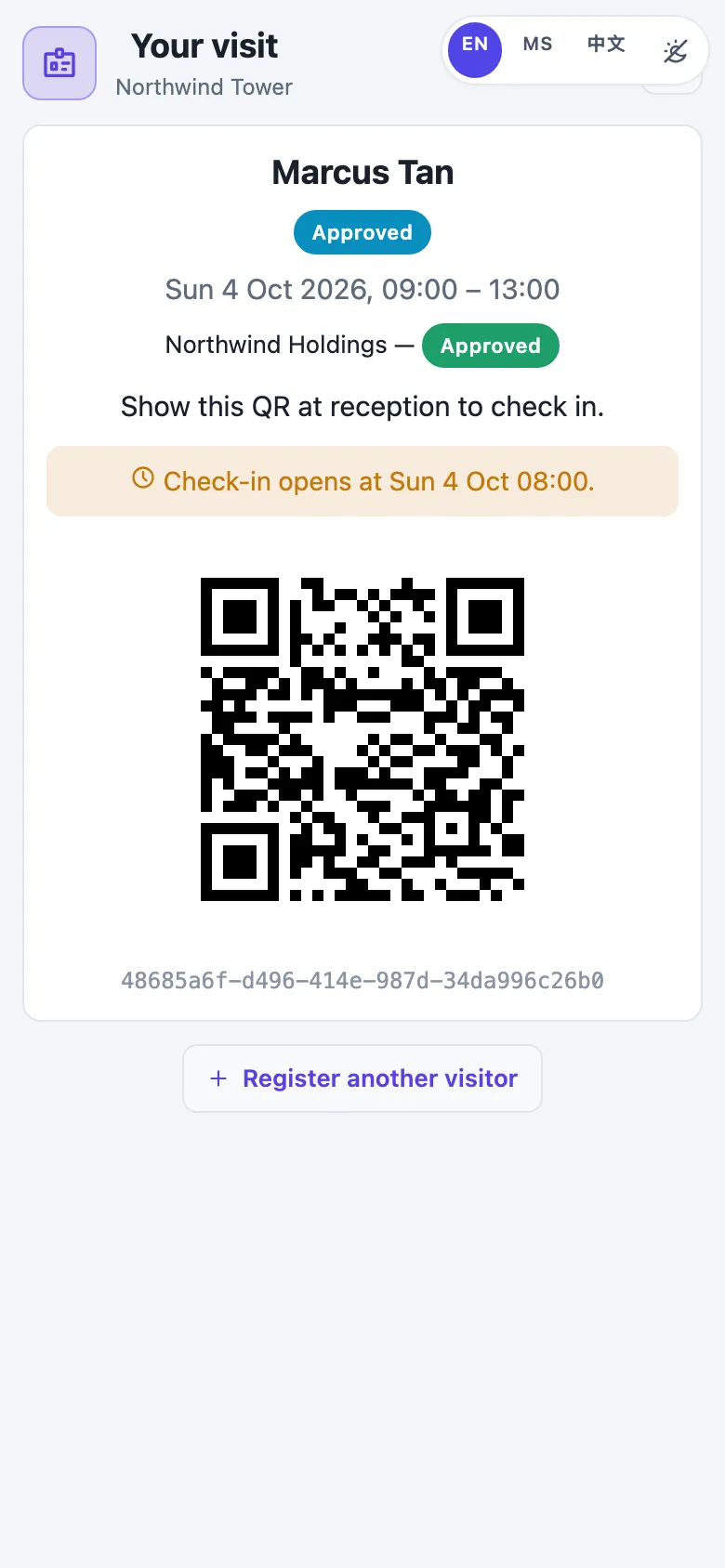 Marcus Tan's Your visit page: Approved, Sunday 4 October 2026, 09:00 – 13:00, Northwind Holdings — Approved, Show this QR at reception to check in, Check-in opens at Sun 4 Oct 08:00, and the QR code.