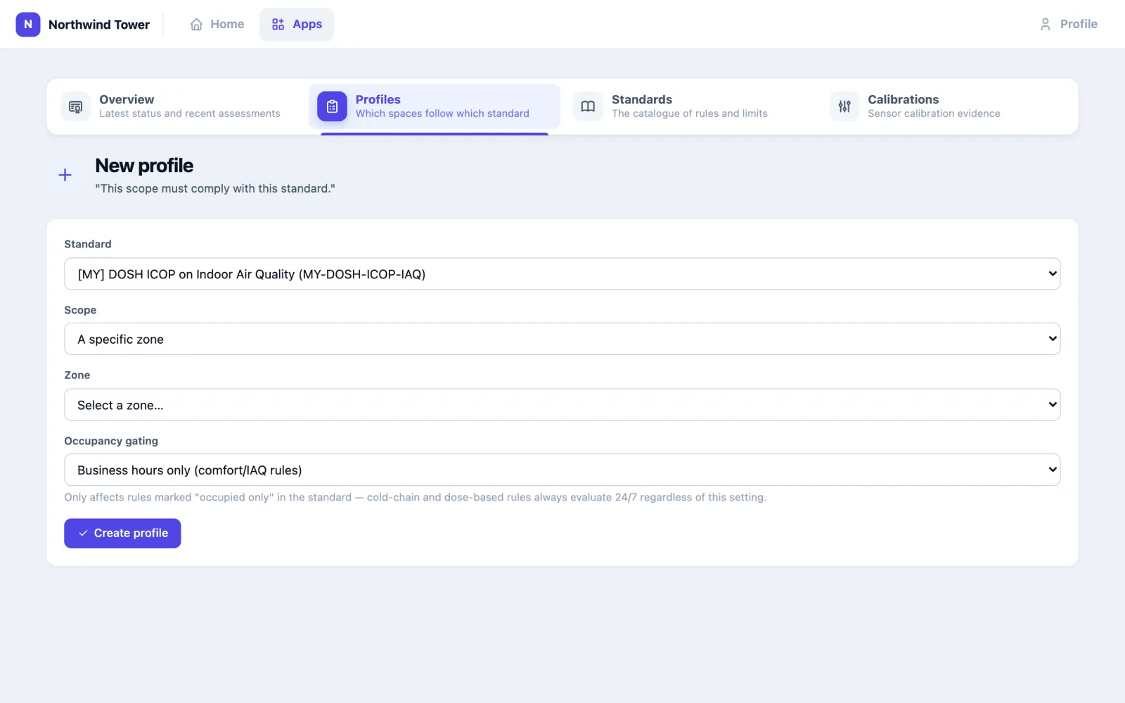 The New profile form with DOSH ICOP on Indoor Air Quality selected, scope A specific zone, a zone picker, and occupancy gating set to Business hours only.