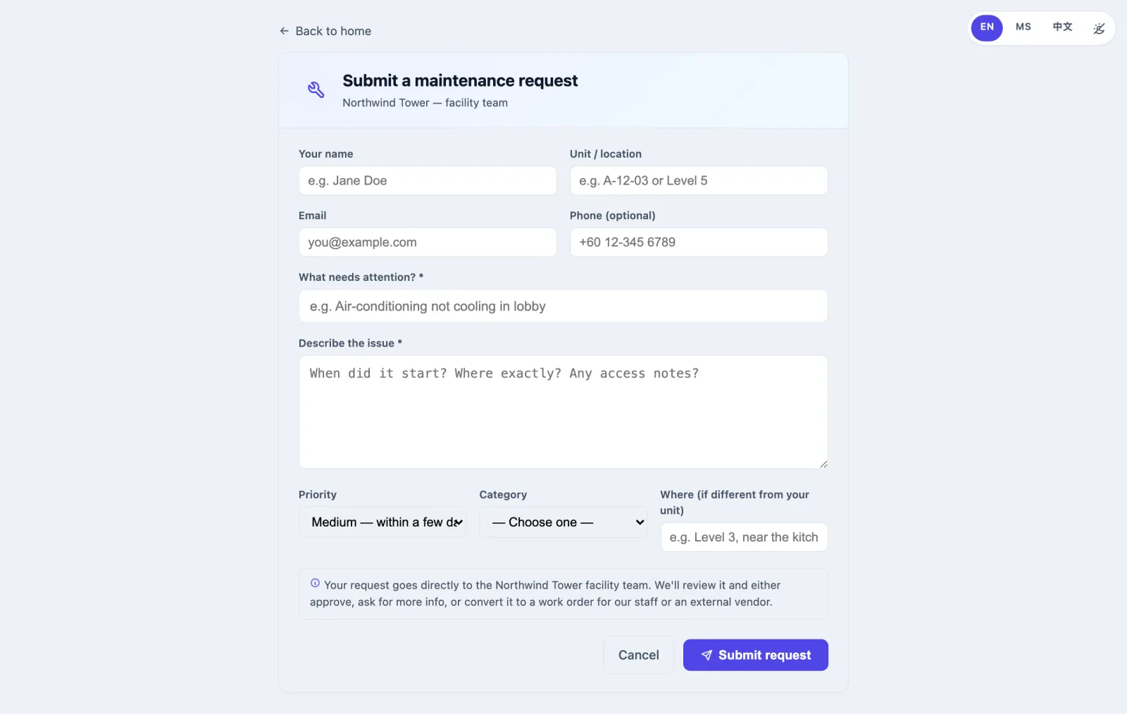The public Submit a maintenance request form, headed Northwind Tower — facility team, with name, unit, email, phone, what needs attention, a description box, priority, category and location, and a Submit request button.