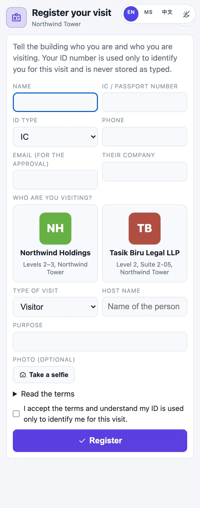 The Register your visit page on a phone for Northwind Tower, in English with MS and 中文 buttons: Name, IC / passport number, ID type, Phone, Email (for the approval), Their company, Who are you visiting? with Northwind Holdings and Tasik Biru Legal LLP tiles, Type of visit, Host name, Purpose, Take a selfie, Read the terms, the acceptance tick box and Register.