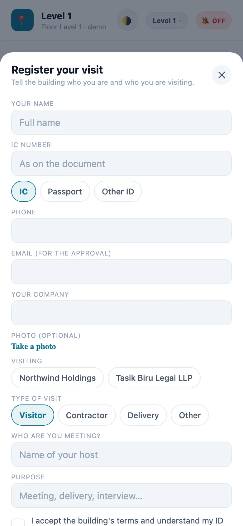 The Register your visit form: Your name, IC number with IC, Passport and Other ID choices, Phone, Email for the approval, Your company, an optional photo, Visiting with Northwind Holdings and Tasik Biru Legal LLP, Type of visit — Visitor, Contractor, Delivery, Other — Who are you meeting and Purpose, and the terms checkbox.