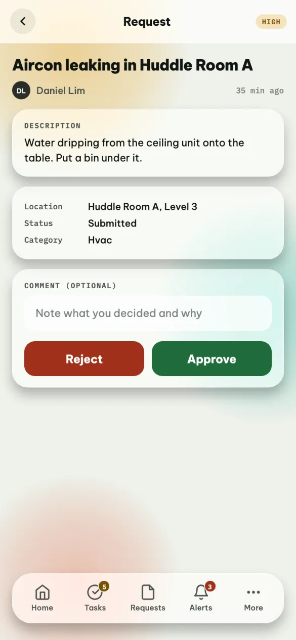 One request opened by an admin: description, location, status and category, a comment box, and Reject and Approve buttons.