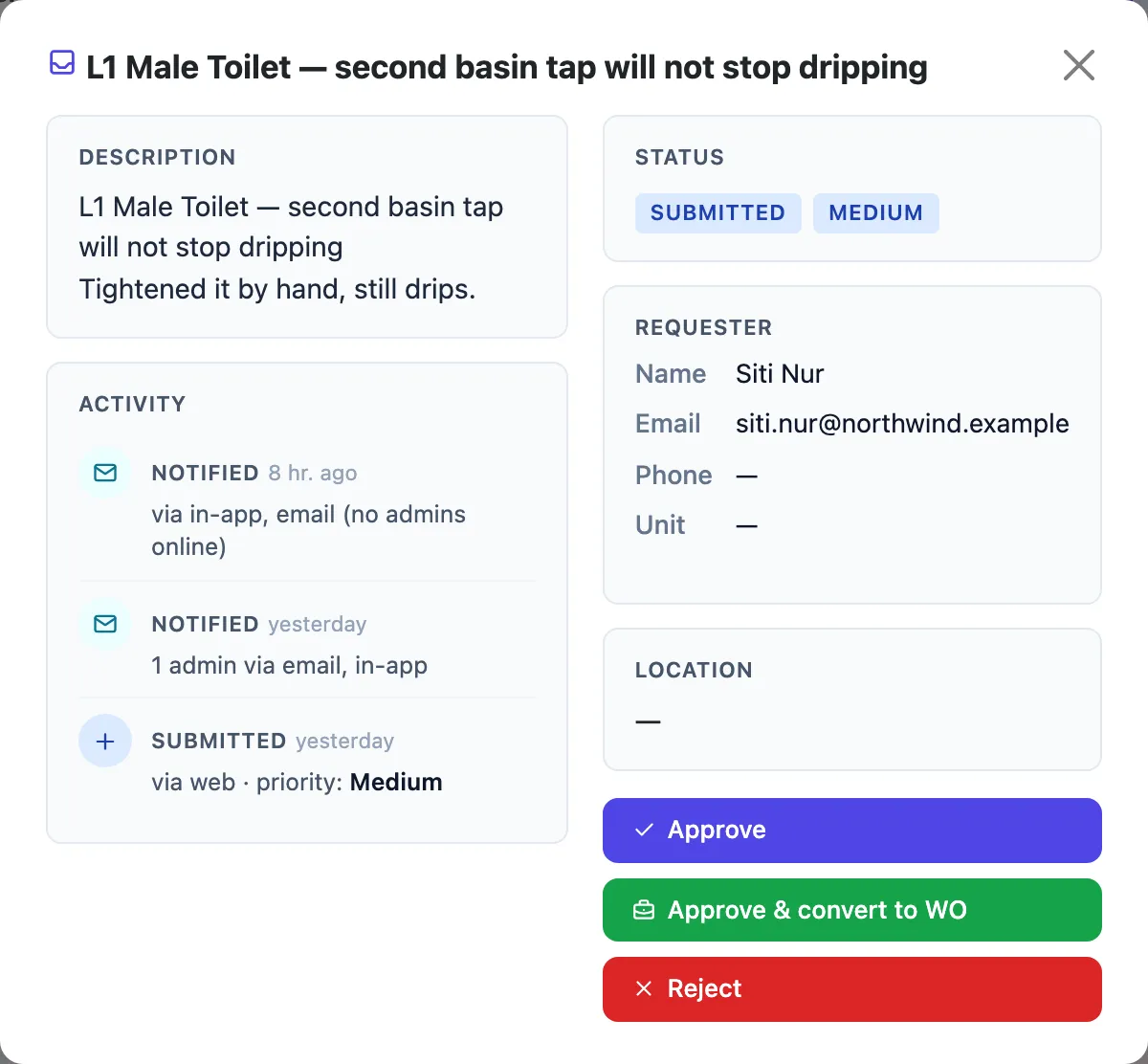 A request from Siti Nur about a dripping tap in the L1 Male Toilet, status Submitted, with Approve, Approve and convert to WO, and Reject buttons.