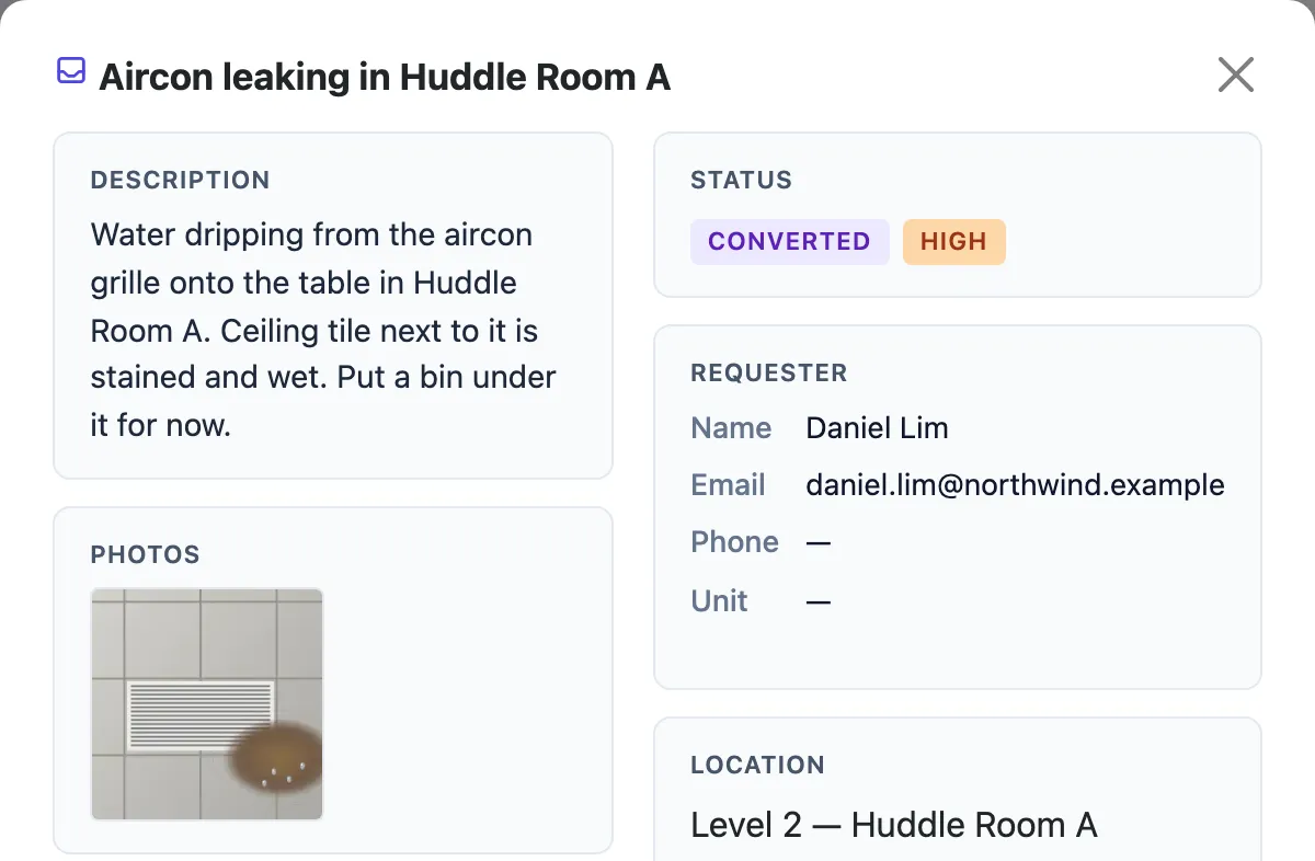 Daniel's request, Aircon leaking in Huddle Room A: the description, a Photos panel with his picture of the dripping aircon grille, status Converted and High, Daniel as requester, and the location Level 2 — Huddle Room A.