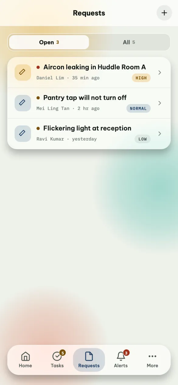 The Requests list: three open requests with their requester, age and priority.