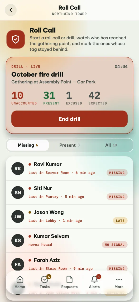 A fire drill in progress: 10 unaccounted, 31 present, 1 excused, 42 expected, End drill, and the list of missing people with where each was last seen.