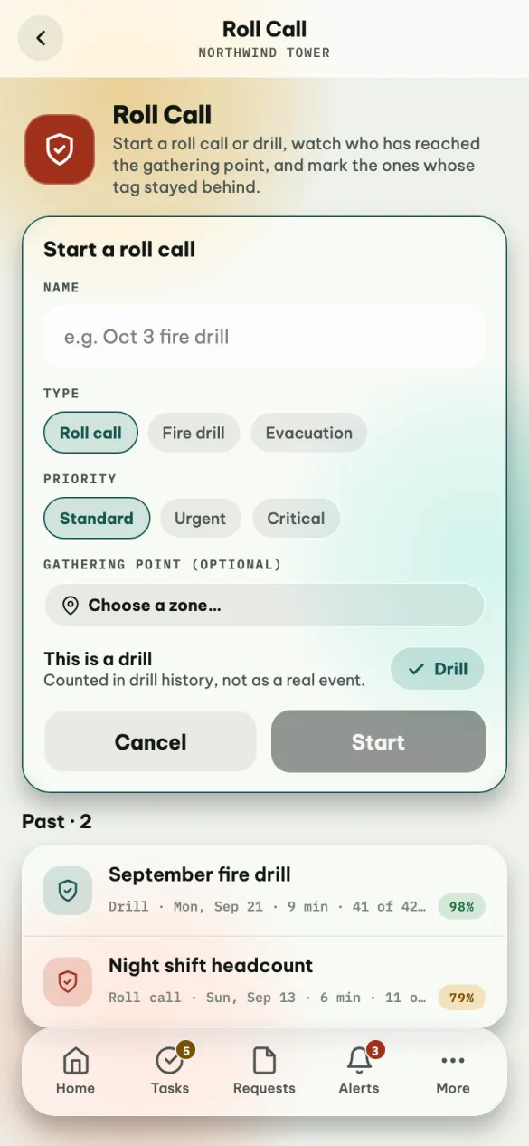 Start a roll call: name, type, priority, gathering point, and This is a drill set to Drill.