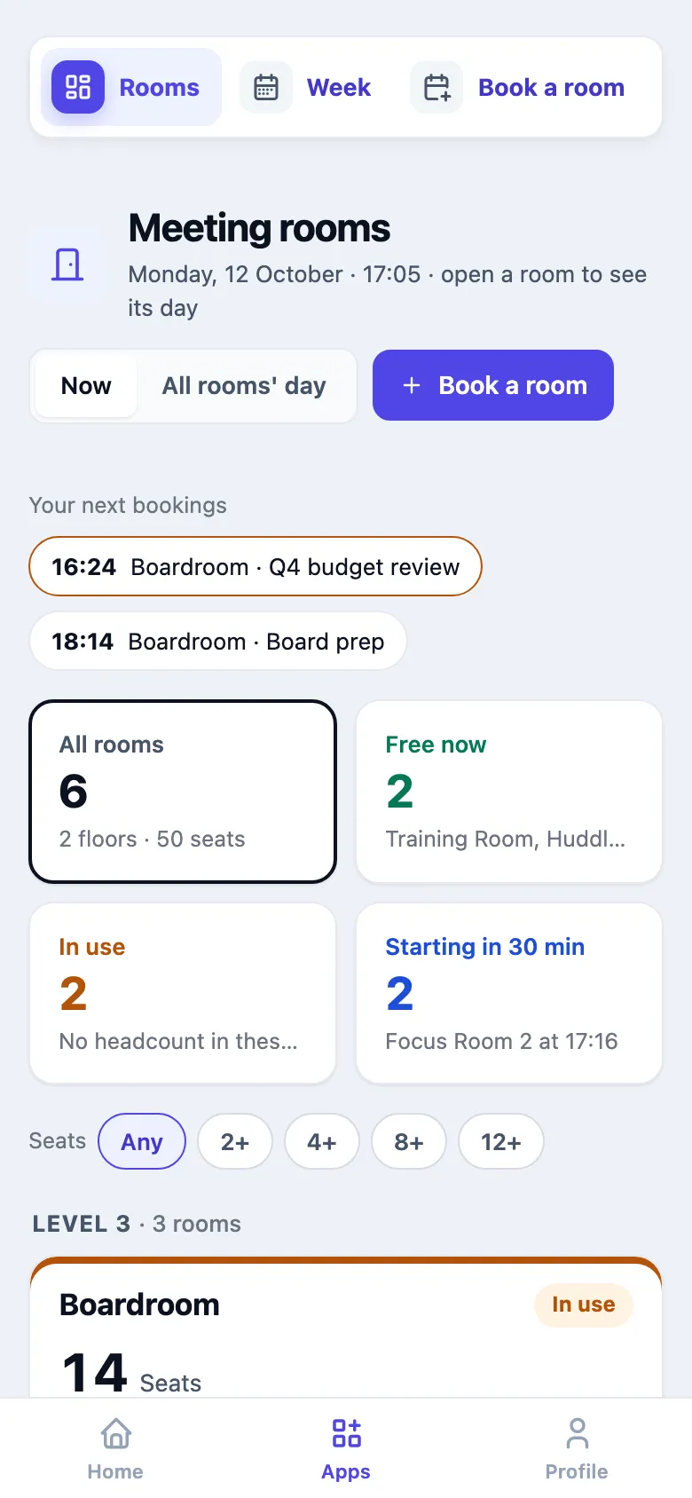 The Meeting rooms page on a phone: the count cards two per row, the seats filter, and the room tiles one per row.
