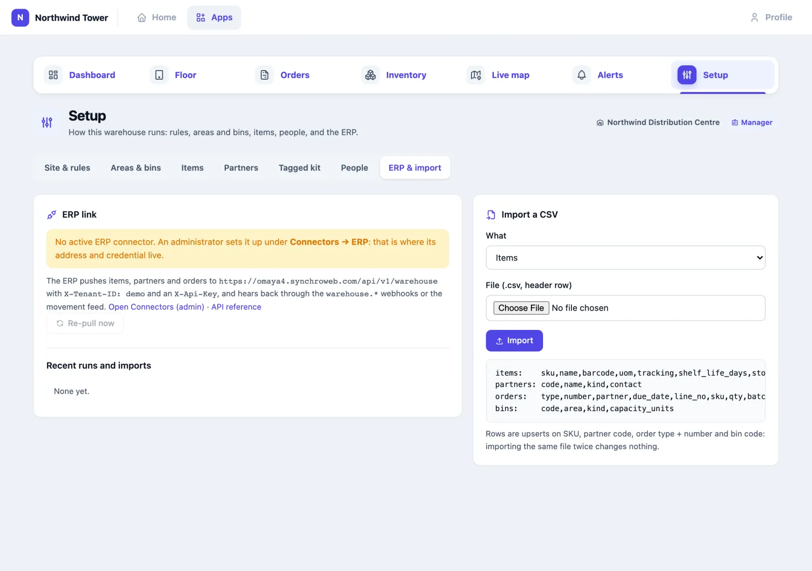 Setup, ERP and import: the ERP link card says no active ERP connector and that an administrator sets it up under Connectors, ERP; it gives the API address and headers and a Re-pull now button. Import a CSV: choose Items, Partners, Orders or Bins and a file, with the column headings for each.