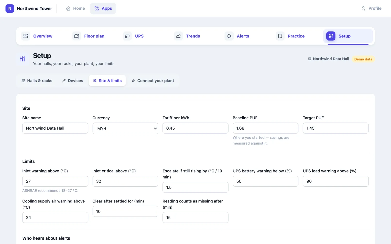 Setup, Site and limits tab. Site: Site name Northwind Data Hall, Currency MYR, Tariff per kWh 0.45, Baseline PUE 1.68, Target PUE 1.45. Limits: Inlet warning above 27, Inlet critical above 32, Escalate if still rising by 1.5 °C per 10 min, UPS battery warning below 50, UPS load warning above 90, Cooling supply air warning above 24, Clear after settled for 10 min, Reading counts as missing after 15 min. Then the heading Who hears about alerts.