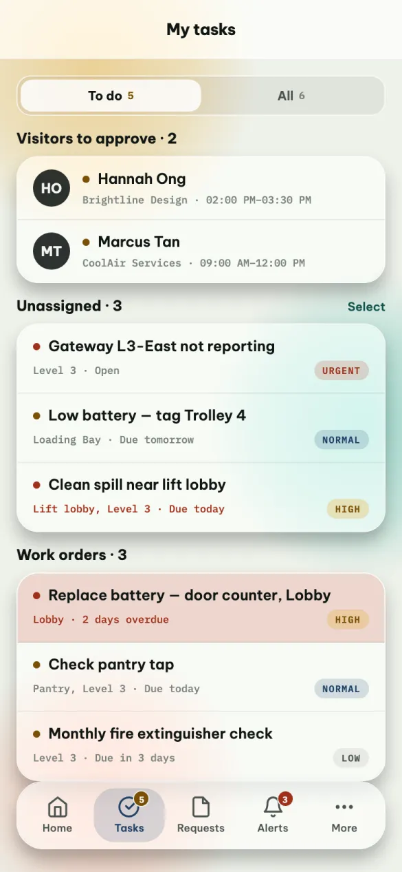 The Tasks tab: visitors to approve, unassigned work orders and the work orders assigned to you.