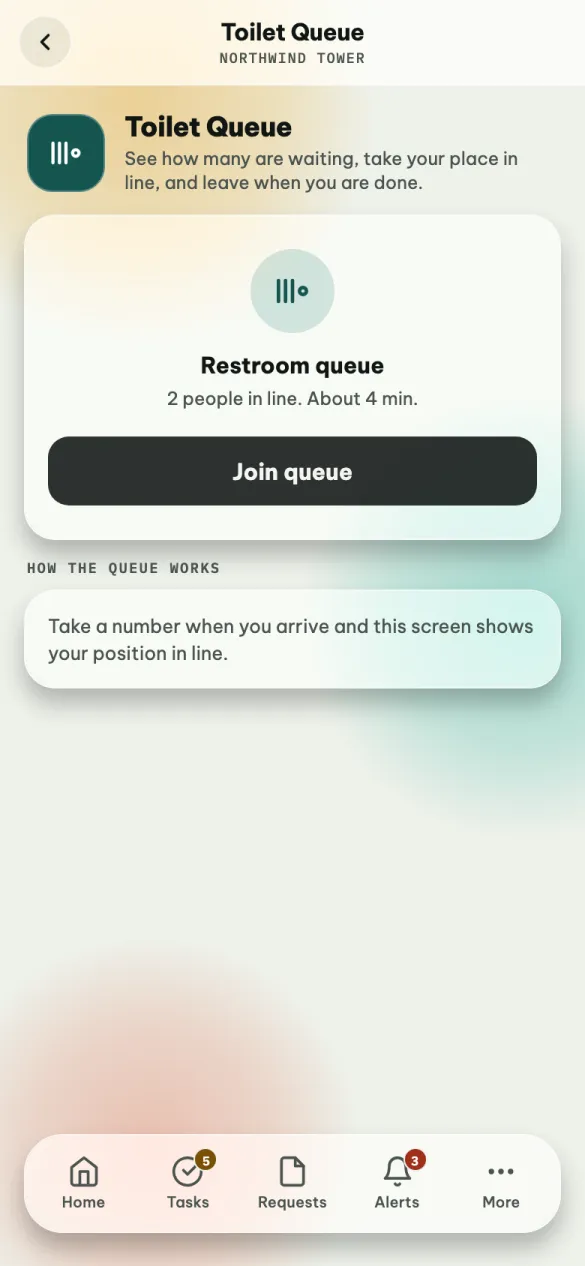 The Toilet Queue: two people in line, about 4 minutes, and a Join queue button.
