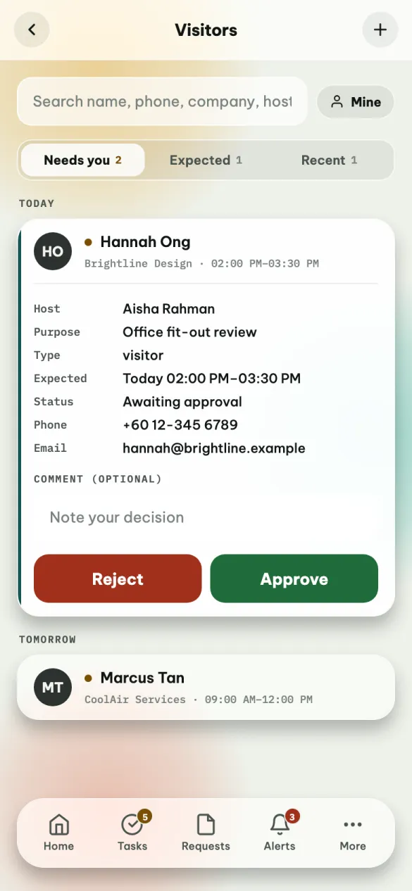 The Visitors screen on Needs you: a visitor for today opened with host, purpose, type, time, status and contact details, a comment box, and Reject and Approve.