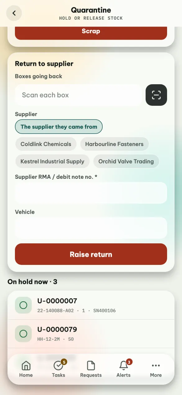 Quarantine, scrolled to Return to supplier: Boxes going back with a scan box, Supplier with The supplier they came from selected, Supplier RMA / debit note no., Vehicle and Raise return, then the boxes On hold now.