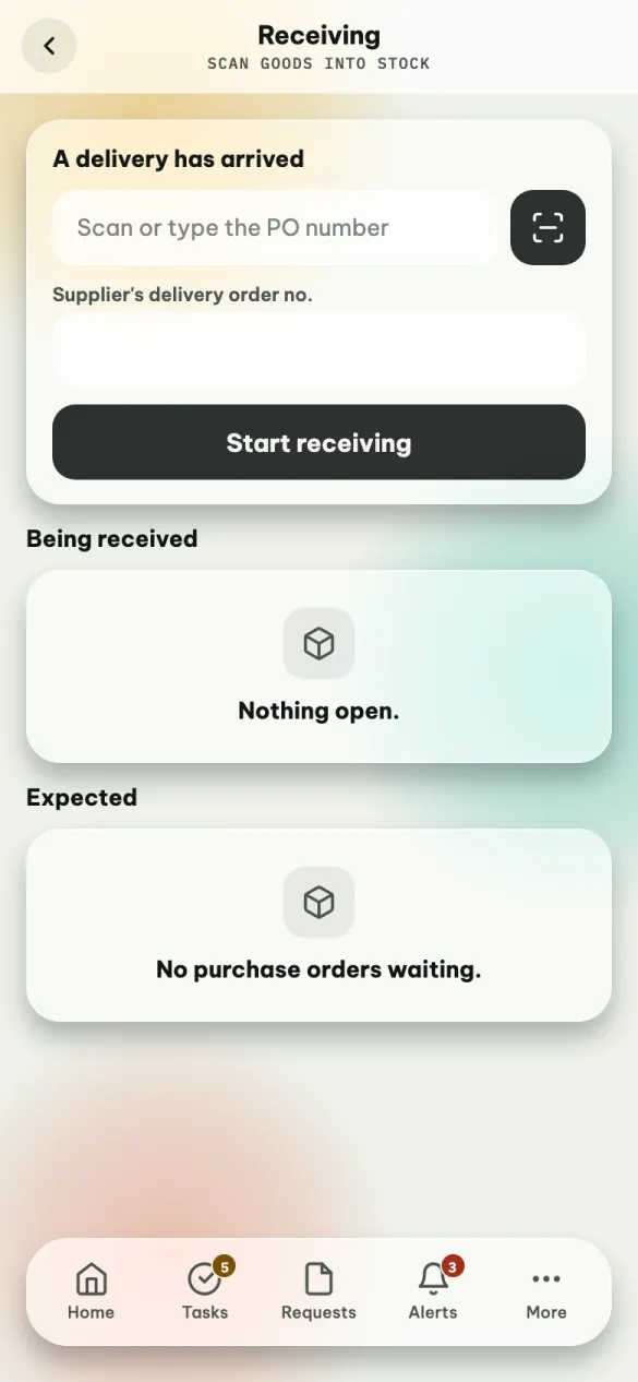 Receiving: A delivery has arrived, with the PO number scan box and the supplier's delivery order number, Start receiving, then Being received and Expected.