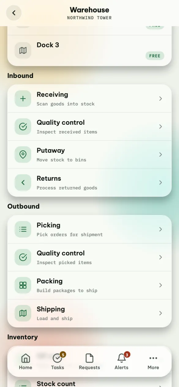 The task tiles: Receiving, Quality control, Putaway and Returns under Inbound; Picking, Quality control, Packing and Shipping under Outbound.