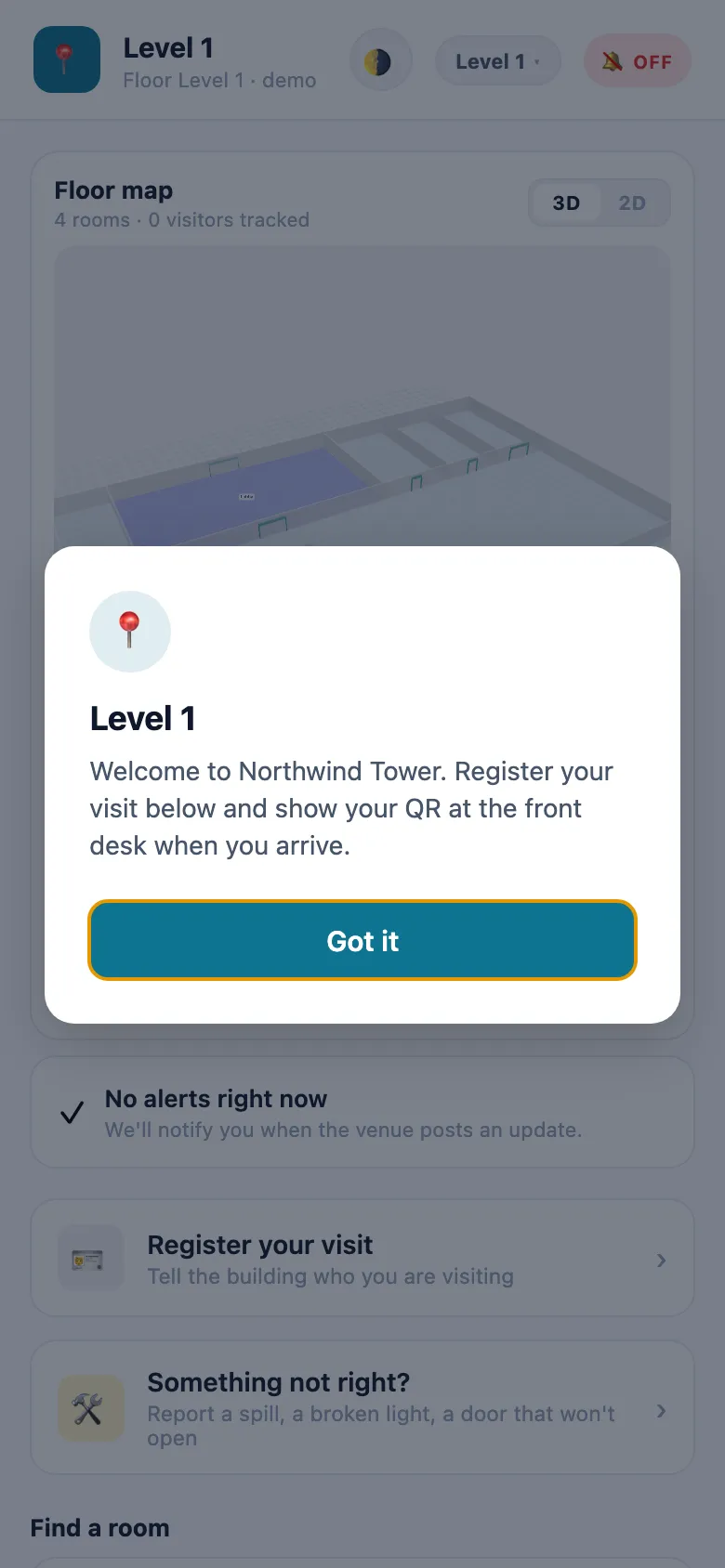 The welcome card on Level 1: 'Welcome to Northwind Tower. Register your visit below and show your QR at the front desk when you arrive.' and a Got it button.