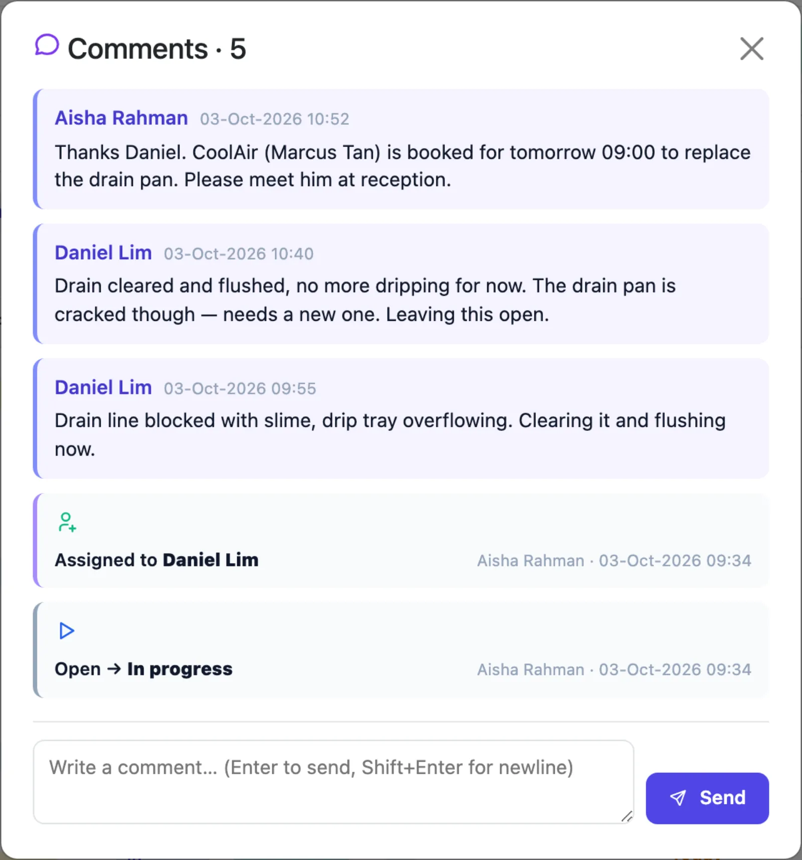 Comments on the aircon job: Aisha's note that CoolAir is booked for tomorrow, Daniel's notes about the blocked drain and cracked drain pan, and the assignment and status change at 09:34.
