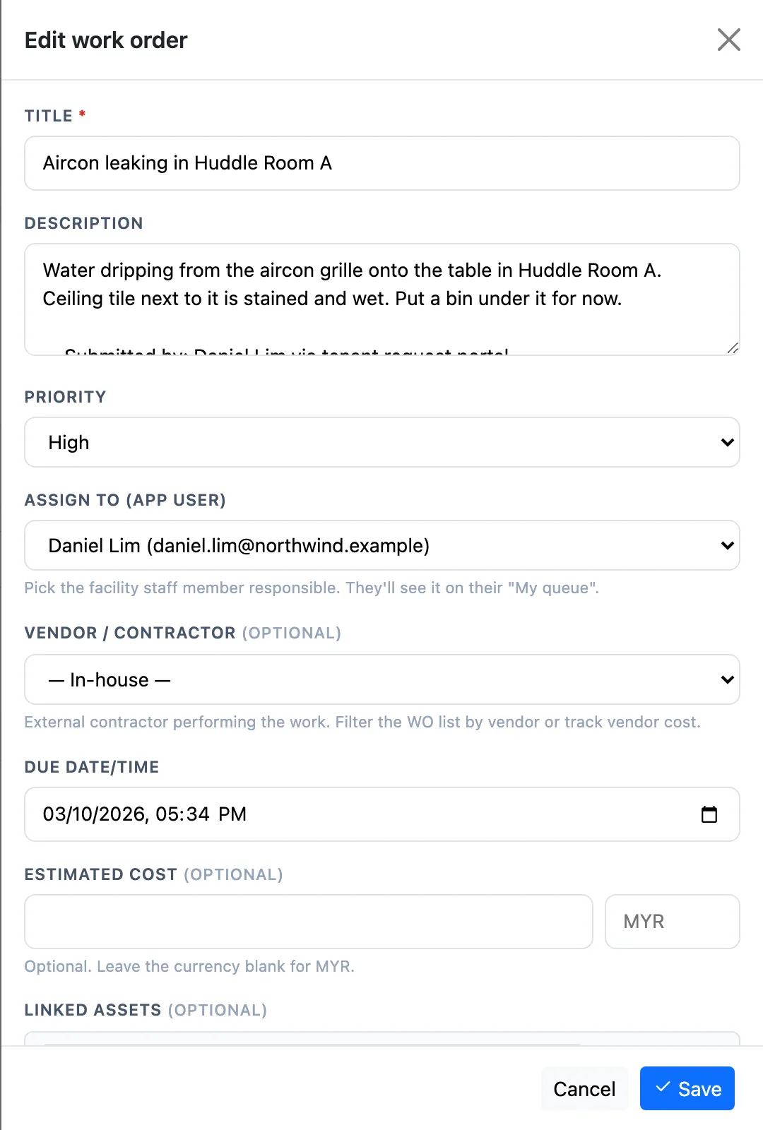 The Edit work order panel for Aircon leaking in Huddle Room A: title, description, priority High, assigned to Daniel Lim, vendor In-house, due 5:34 PM, estimated cost, linked assets.